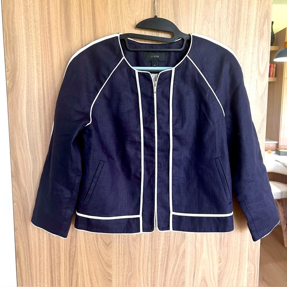 J. Crew Blazer 100% Linen Blue Jacket Blazer Size 4Piping Crop Lined Zip Women - Picture 1 of 6